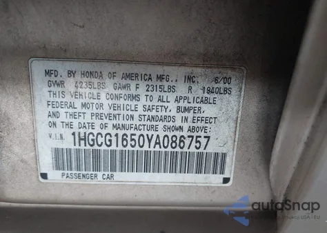 2000 Honda Accord 3.0 Ex from USA, damaged, VIN 1HGCG1650YA086757